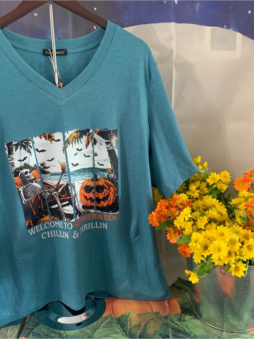Teal Halloween Graphic V-Neck  T-Shirt -